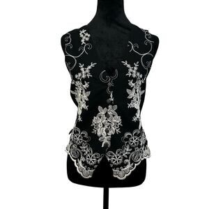 Vintage ICE Black Floral‎ Embroidered Vest Medium Button Front Tie Back